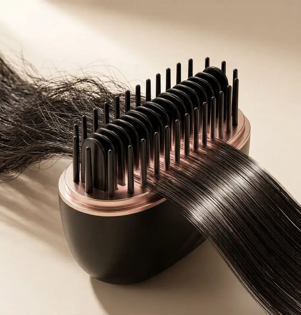 Liora black and gold hair detangling brush with hair strands - premium product closeup